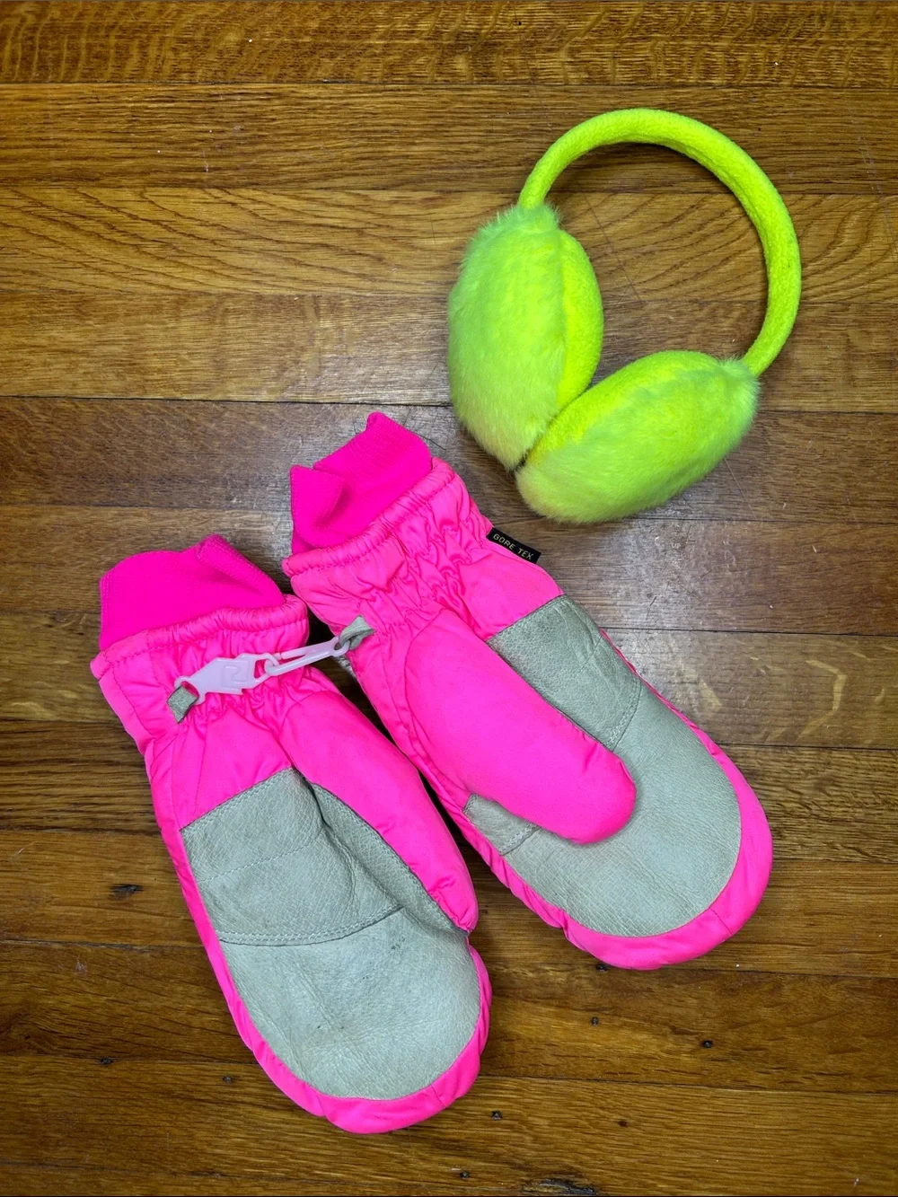 GORE-TEX Kids Bright Pink Mittens with Neon Green Earmuffs